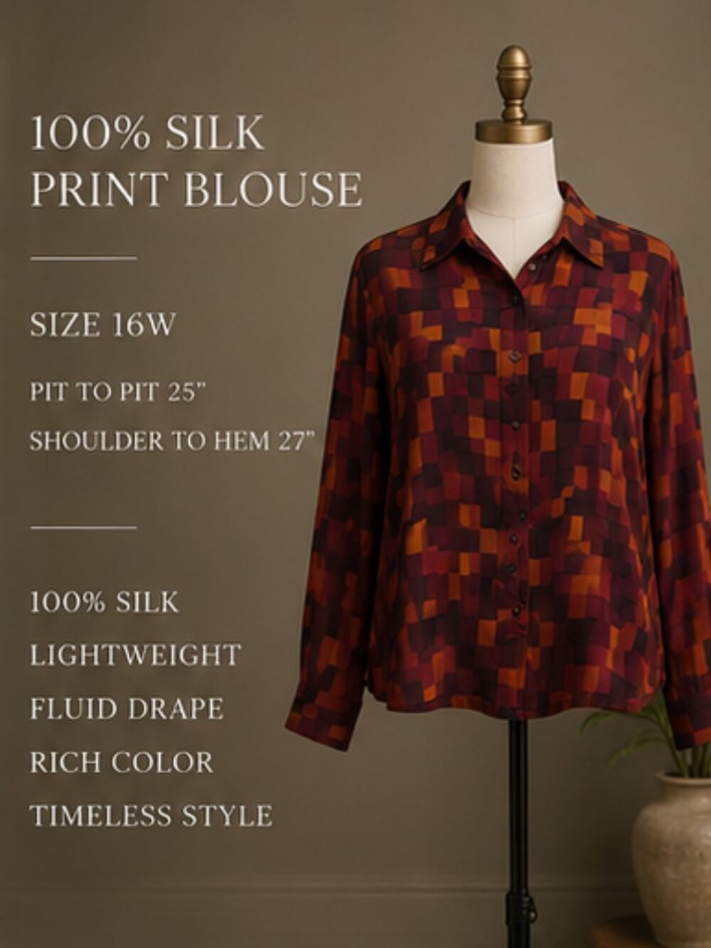 Vintage Jones New York 100% Silk Geometric Print Blouse 16W Quiet Luxury